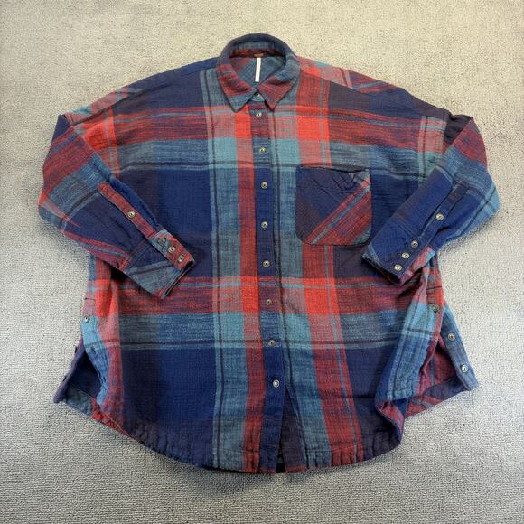 Free People Tops - Free People Womens Flannel Blue XS/TP Plaid Oversized Long Sleeve Cat Eye Button